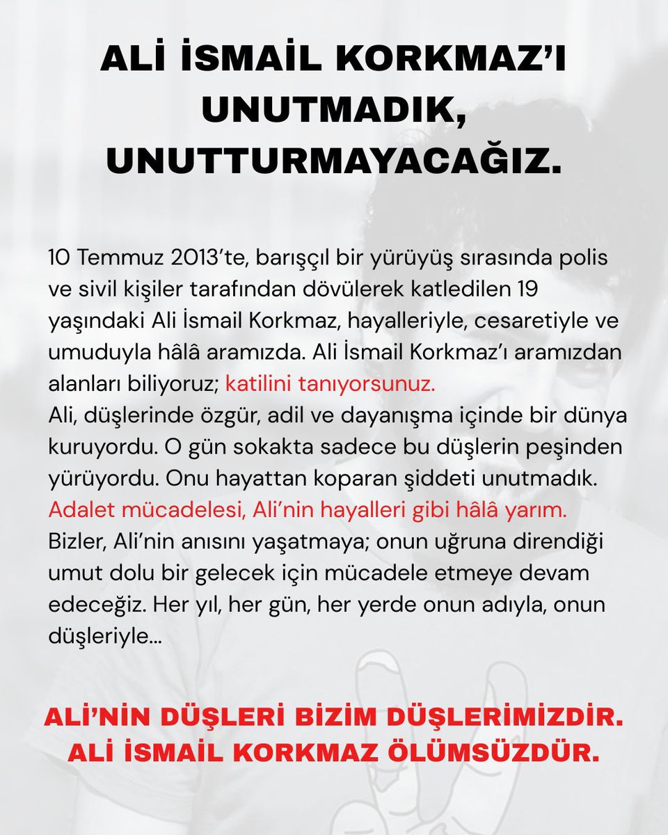 12 yıl önce bugün Ali katledildi. Ali'nin uğruna mücadele ettiği özgür ve adil bir hayat, katillerinin yarattığı sistemi değiştirmek için mücadelemize devam ediyoruz.

Düşlerinde özgür bir dünya, Ali İsmail hep 19 yaşında!

#AliİsmailKorkmaz
