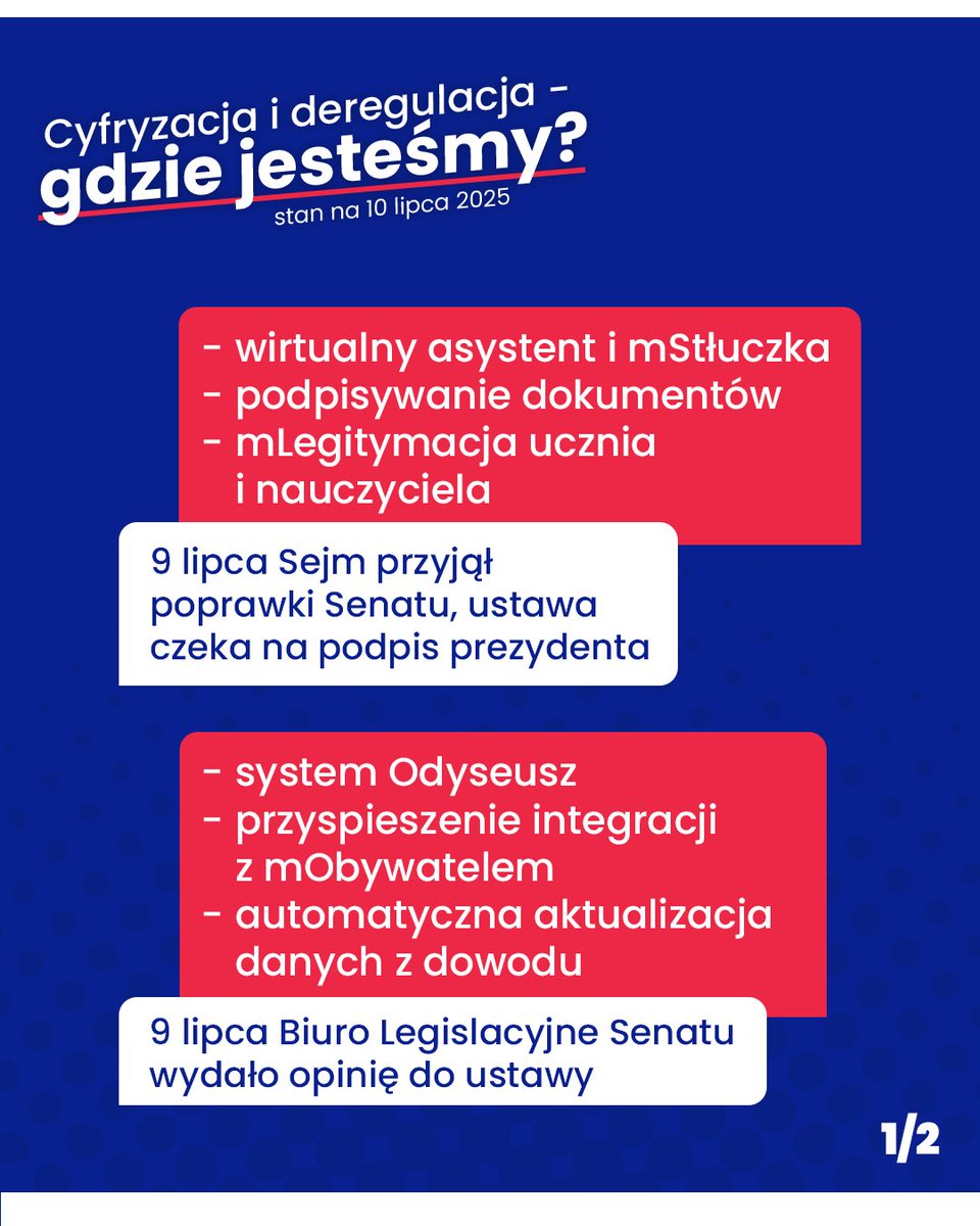 DStanderski's tweet image. Aktualizacja projektów deregulacyjnych @cyfra_gov_pl po posiedzeniu Sejmu! 🇵🇱
1️⃣ Wczoraj Sejm przyjął poprawki Senatu do ustawy o mObywatelu, dzięki której wprowadzimy kolejne dokumenty i usługi takie jak mStluczka, legitymacje nauczycielskie i uczniowskie, podpisywanie…