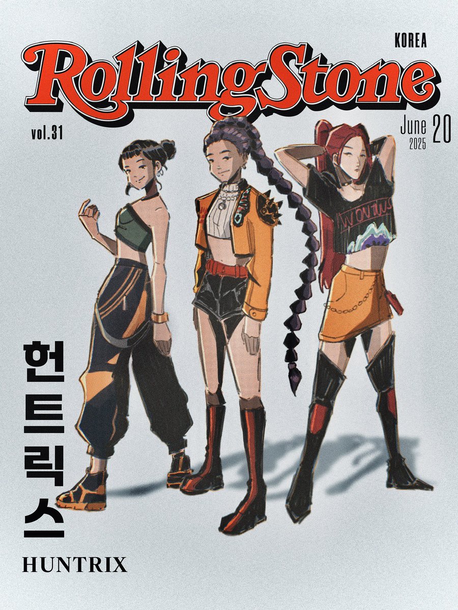 Powerto_24's tweet image. Made another fake poster for the huntrix gurliess π was inspired by the baby metal rolling stone poster hehe
#KPOPDEMONHUNTERS
