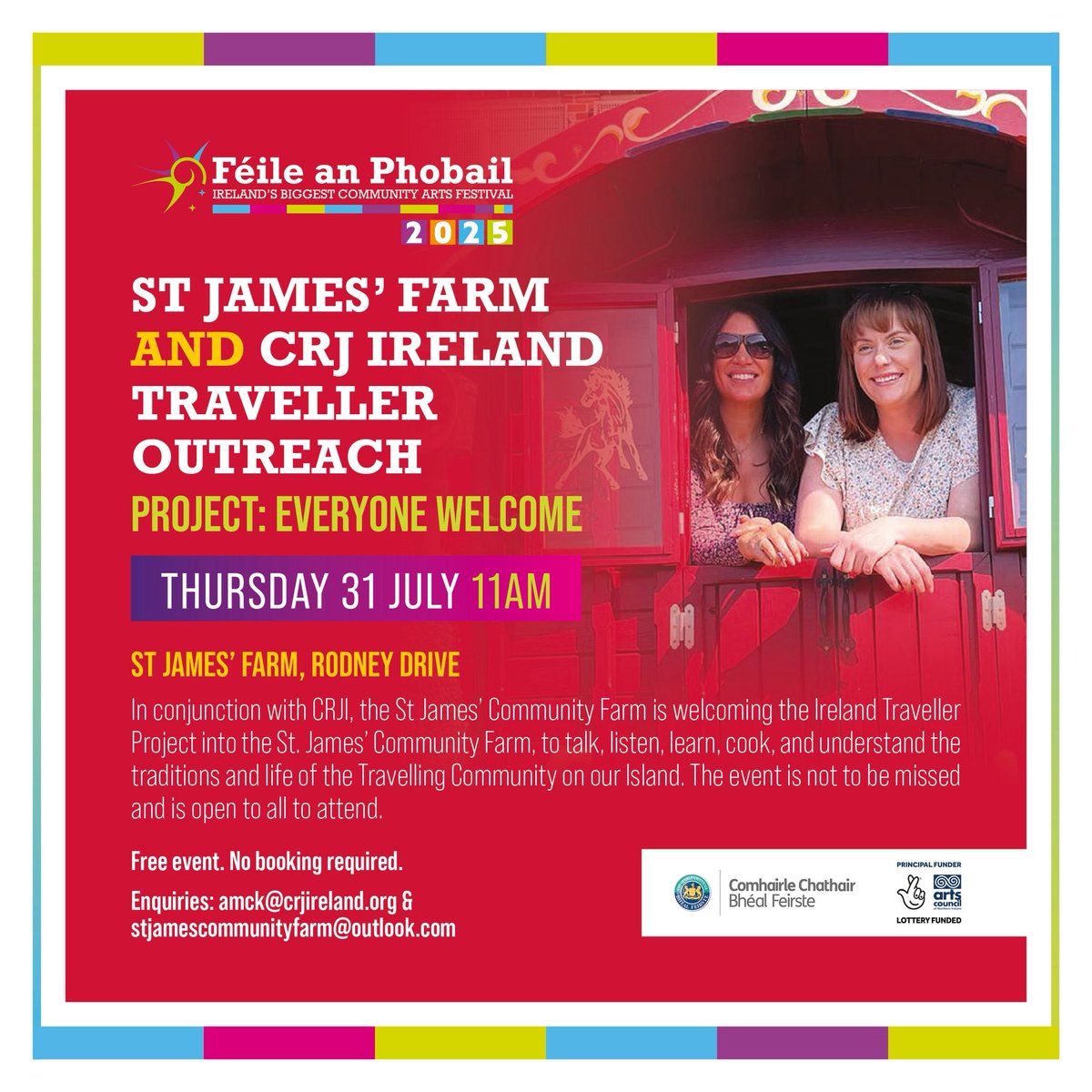 ST JAMES’ FARM AND CRJ TRAVELLER OUTREACH PROJECT

📆Thursday 31st July 11am

📍St James’ Farm, Rodney Drive

St James’ Community Farm and CRJ welcome the Ireland Traveller Project to talk, listen, learn, and understand the traditions and life of the Irish traveller community.