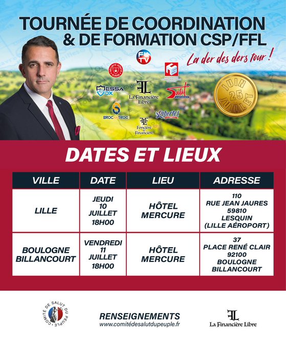 Rdv sur Lille aujourd'hui et Boulogne-Billancourt demain. 

Démarrage à 18h  ! 

Lien : 
comitedesalutdupeuple.fr/Der_des_ders_T…