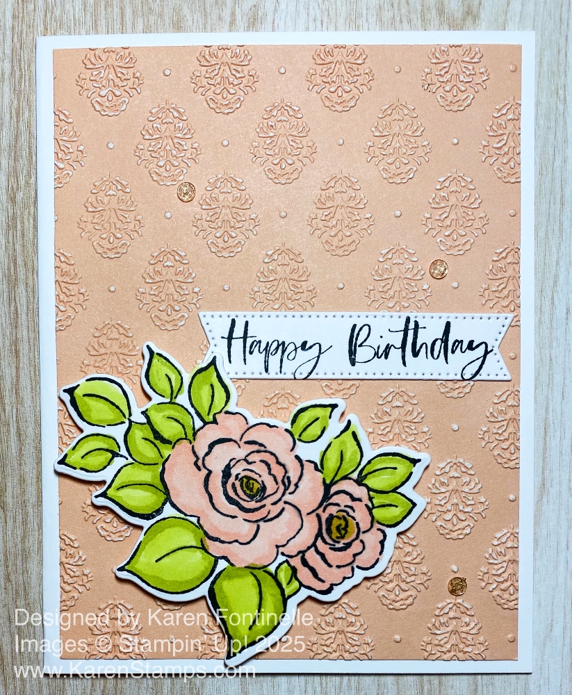 KarenStamps's tweet image. Make an interesting background by embossing two-tone cardstock with the Damask Designs folder, then lightly sand. Flowers from Charming Day Stamp Set. karenstamps.com/charming-day-d…… #stampinup #papersale #twotone #craftsupplies #diycard #cardmaking #scrapbooking