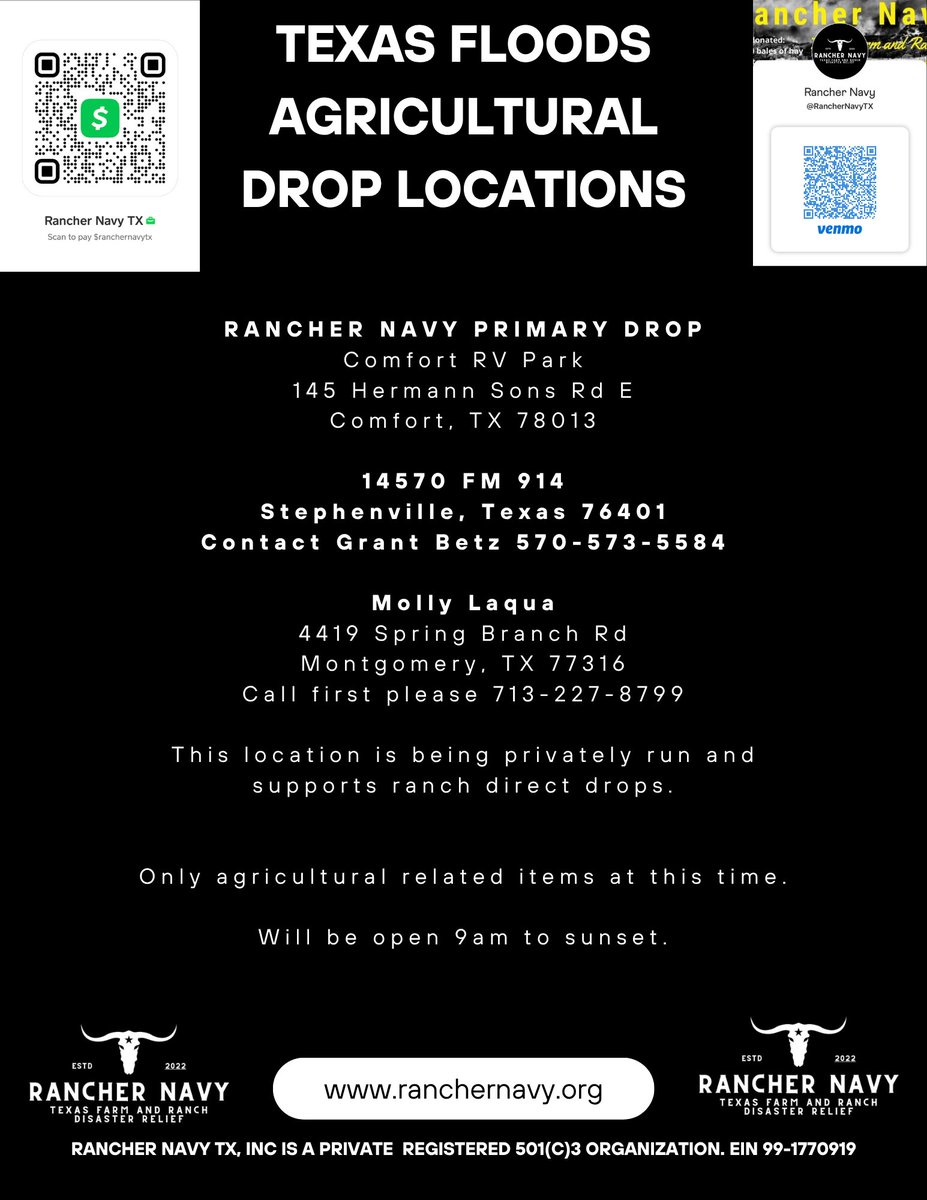 RancherNavy's tweet photo. 📢FLOOD RELIEF: NEW DROP LOCATION OPENS 9AM JULY 10📍
*Relocating to accommodate larger trucks*

#RancherNavy #RancherNavyTX #RancherNavyTexas #FarmersHelpingFarmers #FarmAndRanchRelief #AgCommunityCares #DisasterRelief #TexasStrong #TexasFloodRelief #NeighborsHelpingNeighbors https://t.co/X4st4tToU5