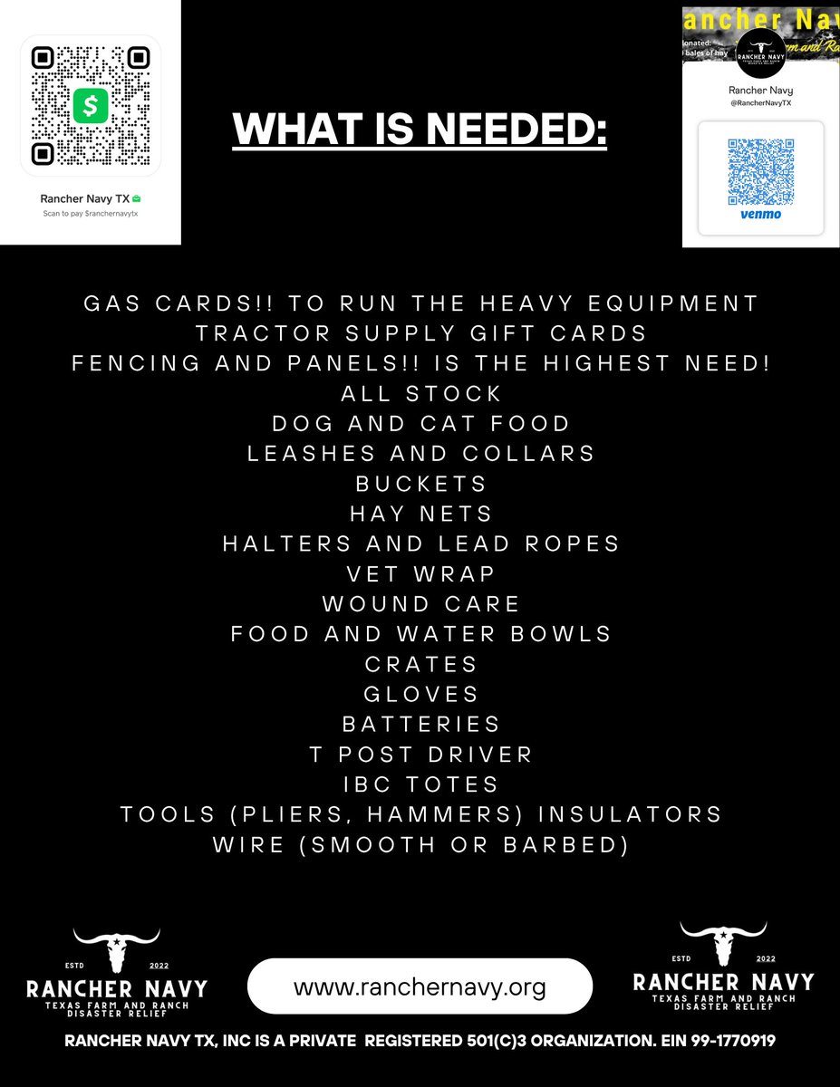 📢FLOOD RELIEF: NEW DROP LOCATION OPENS 9AM JULY 10📍
*Relocating to accommodate larger trucks*

#RancherNavy #RancherNavyTX #RancherNavyTexas #FarmersHelpingFarmers #FarmAndRanchRelief #AgCommunityCares #DisasterRelief #TexasStrong #TexasFloodRelief #NeighborsHelpingNeighbors