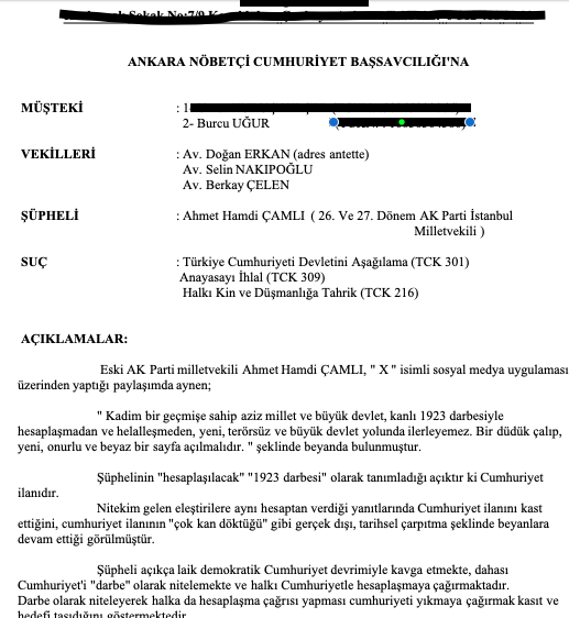 Burcu Uğur (@_burcuugur_) on Twitter photo AKPli Ahmet Hamdi Çamlı, nam-ı diğer Yeliz, hakkında suç duyurumdur.
<a href="/LaiklikMeclisi/">Laiklik Meclisi</a> avukatları <a href="/selinnakipoglu/">Selin Nakıpoğlu</a> <a href="/avdoganerkan/">Doğan Erkan</a> #berkaycelen ' çok teşekkürler. AKPli Ahmet Hamdi Çamlı, nam-ı diğer Yeliz, hakkında suç duyurumdur.
<a href="/LaiklikMeclisi/">Laiklik Meclisi</a> avukatları <a href="/selinnakipoglu/">Selin Nakıpoğlu</a> <a href="/avdoganerkan/">Doğan Erkan</a> #berkaycelen ' çok teşekkürler.