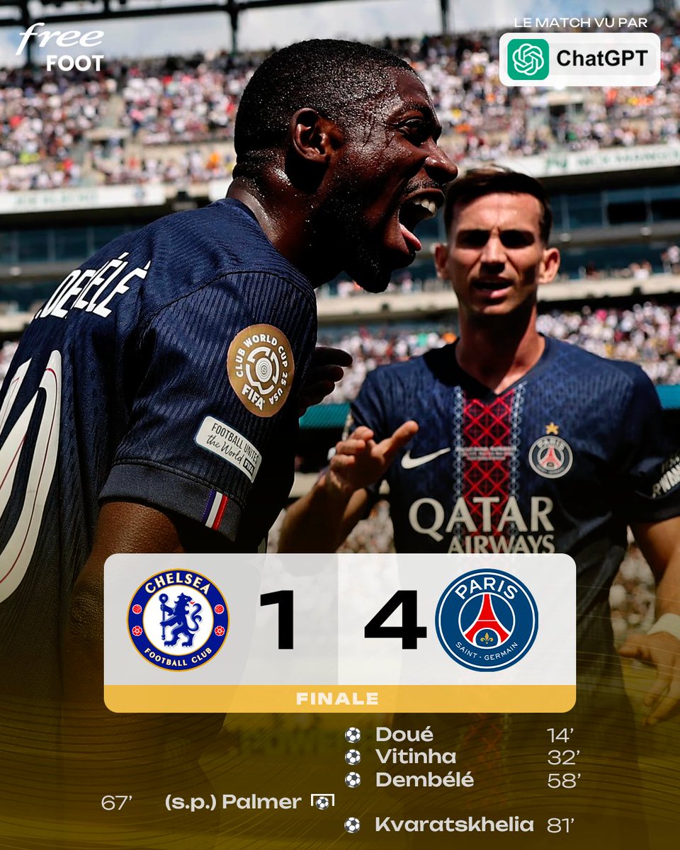 FreeFoot's tweet image. Le prono de Chat GPT pour cette finale de la Coupe du Monde des Clubs entre Chelsea et le PSG !

(On peut dire qu&apos;il est confiant pour Paris 💪)

Vos avis ? 🤔