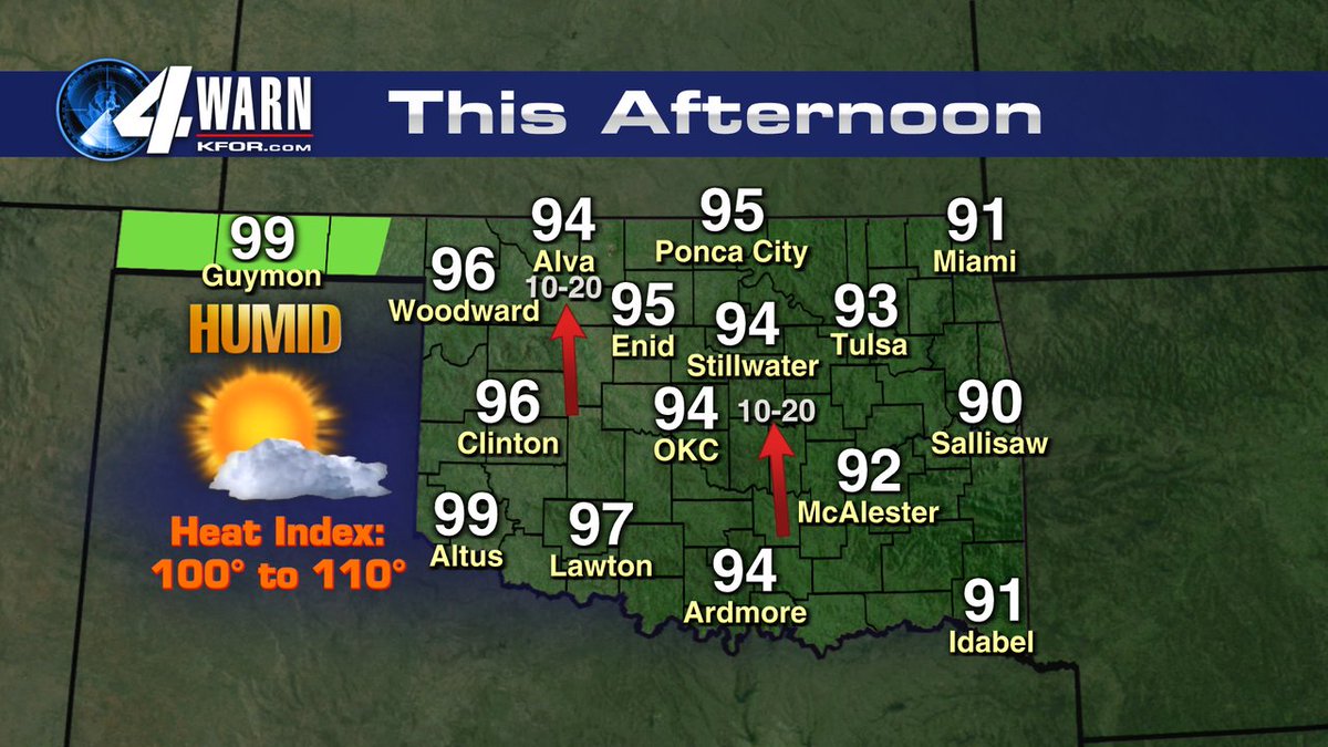 We actually have a dry day today (except in the panhandle) - but it will be HOT AND HUMID! Keep cool and stay safe with a heat index from 100 to 110 degrees. 

9AM THU <a href="/kfor/">KFOR</a> #okwx