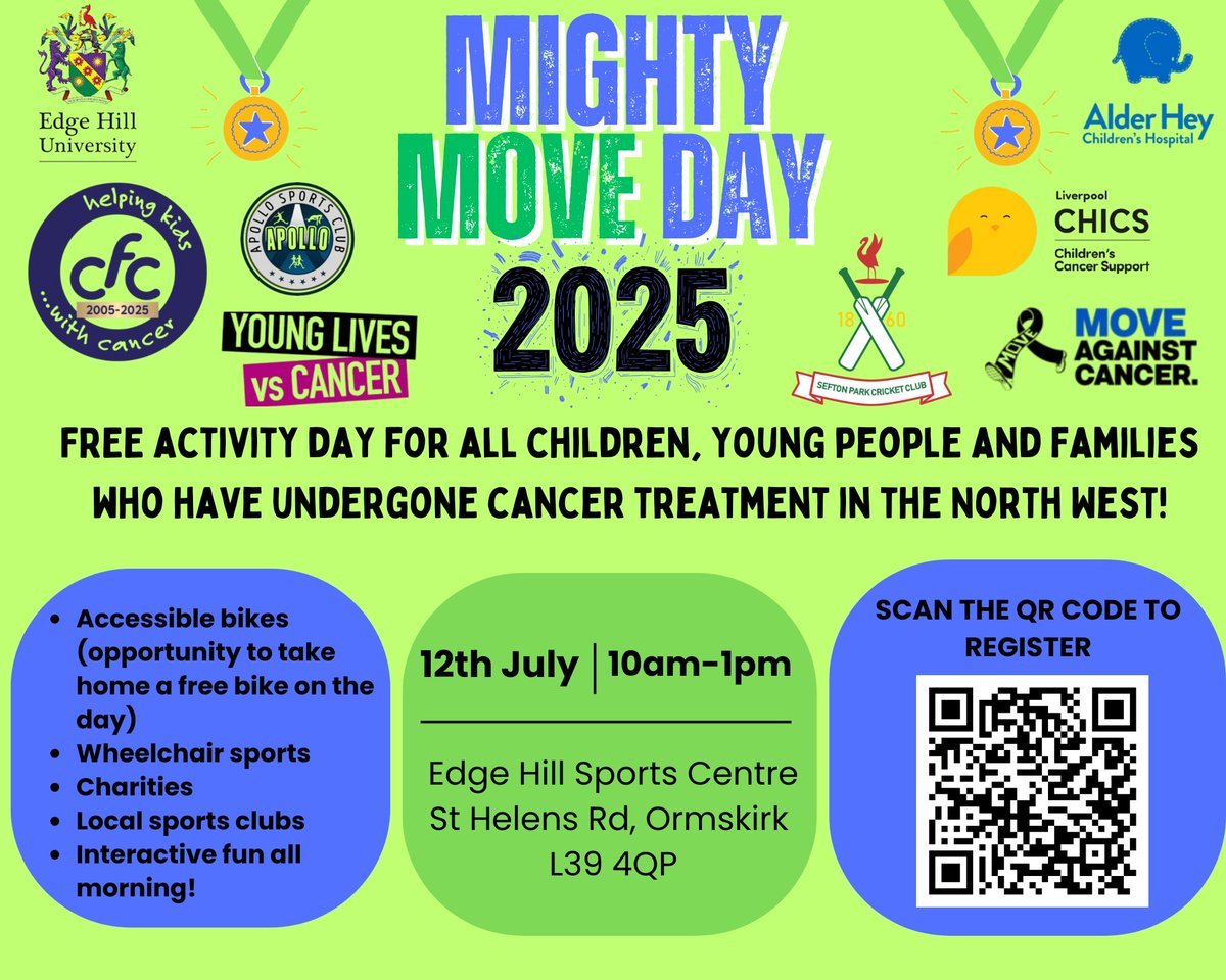 What a brilliant day planned - Mighty Move Day 2025! An activity day for children, young people and families who have undergone cancer treatment in the North West. 

We hope you have a great day on 12th July! <a href="/AlderHey/">🏥 Alder Hey 💙</a> <a href="/YLvsCancer/">Young Lives vs Cancer</a> <a href="/edgehill/">Edge Hill University</a>  CHICs &amp; more!!!