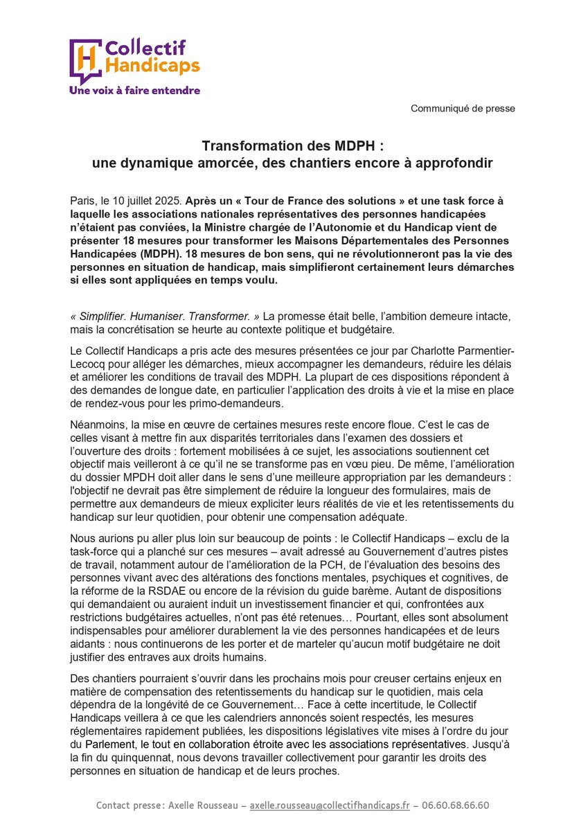 📢 Transformation des MDPH : une dynamique amorcée, des chantiers encore à approfondir

Le <a href="/CHandicaps/">Collectif Handicaps</a> a pris acte des 18 mesures de bon sens annoncées par <a href="/lecocqcharlotte/">Charlotte Parmentier Lecocq</a>, bien qu'elles ne révolutionneront pas la vie des personnes.

Notre réaction 👇collectifhandicaps.fr/espace-presse/…