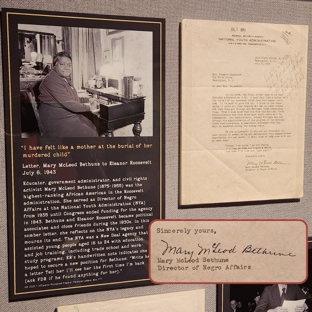 FDRLibrary's tweet image. Happy birthday to Mary McLeod Bethune!
See this letter from Bethune to Eleanor Roosevelt, and much more on display in our current exhibition "SIGNATURE MOMENTS: Letters From the Famous, the Infamous, and Everyday Americans." Open through July 7, 2026.
#FDRSignatureMoments