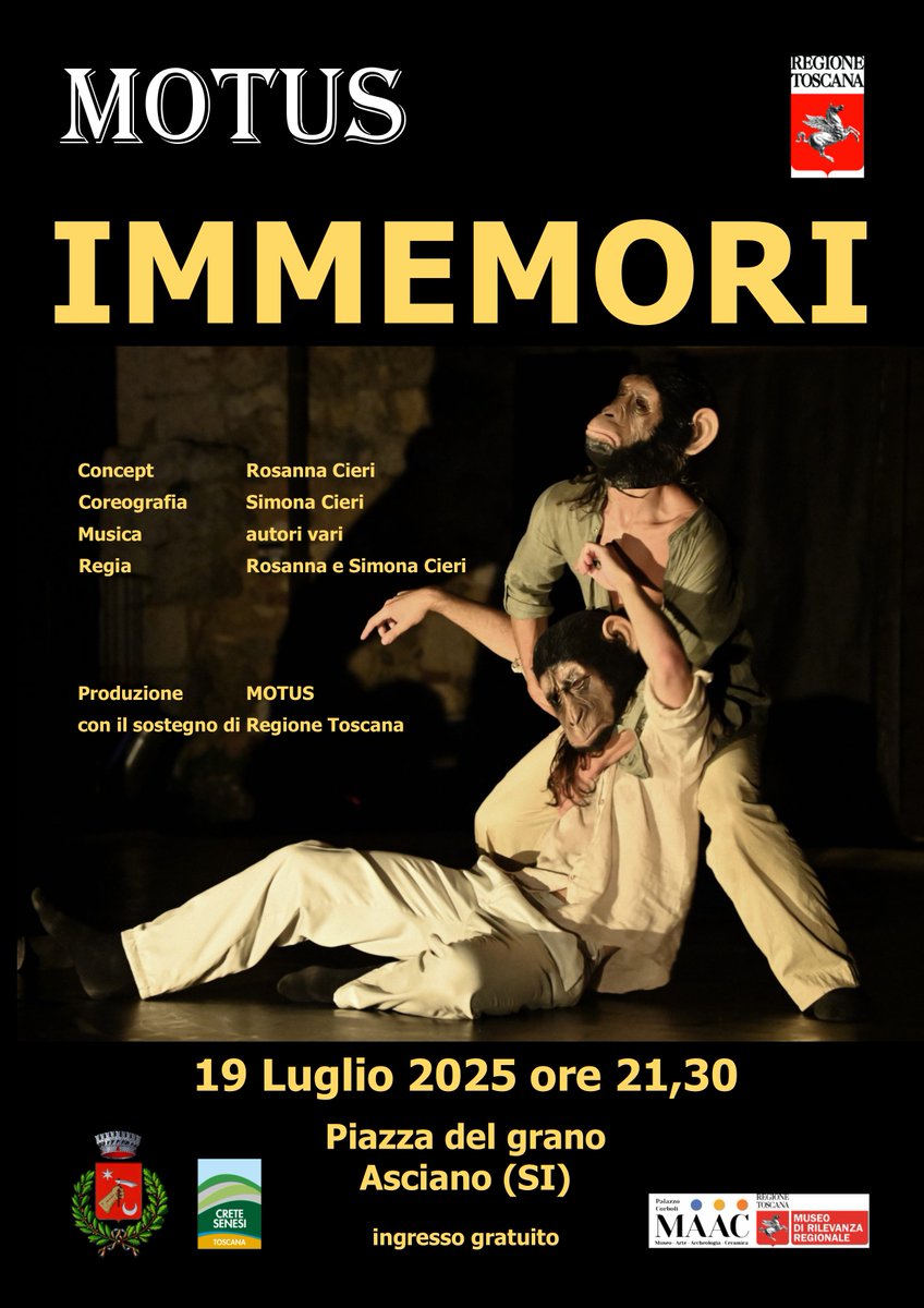 Sabato 19 Luglio alle ore 21:15 in Piazza del Grano (Asciano) “IMMEMORI” di MOTUS, danza contro la guerra.
Ingresso libero!