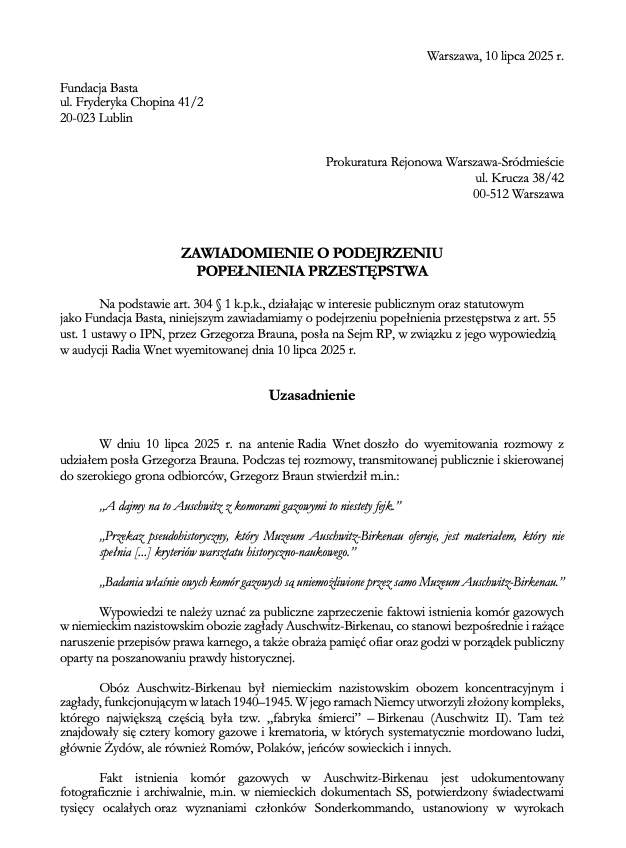 BartStaszewski's tweet photo. W związku ze skandaliczną wypowiedzią posła @GrzegorzBraun_ negującą istnienie komór gazowych w obozie koncentracyjnycm Auschwitz złożyliśmy zawiadomienie do prokuratury. @Adbodnar https://t.co/ZF175V1UFb