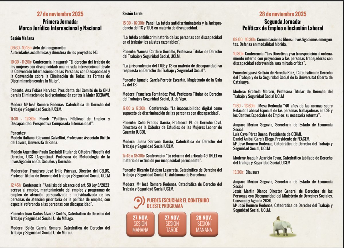 AEDTSS's tweet image. 📢 Os compartimos el programa del Congreso Internacional "Las personas trabajadoras con discapacidad como colectivo prioritario en las políticas de empleo".
🗓️ 27-28 nov.
🏙️ Albacete, UCLM (modalidad híbrida).
📄 Abierto a inscripciones y comunicaciones.