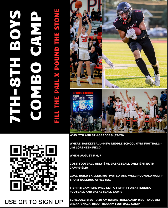 Less than 4 weeks away  from middle school camps.  Follow the QR Code for basketball, football or combo camp for both sports.  Chance for you Bulldogs to get better.
