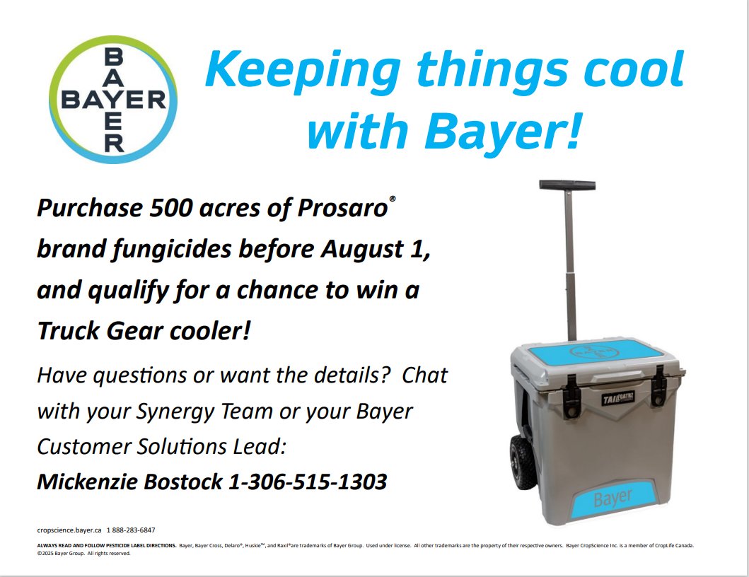 SynergyGrenfell's tweet image. Keep It Cool with Bayer! 🧊

Purchase 500 acres of Prosaro® brand fungicides before August 1st and you’ll be entered for a chance to WIN a Truck Gear cooler! ❄️

📞 SynergyAg Grenfell | 306-697-1400
📞 Mickenzie Bostock | 306-515-1303

#SynergyAG #BayerCropScience #Prosaro