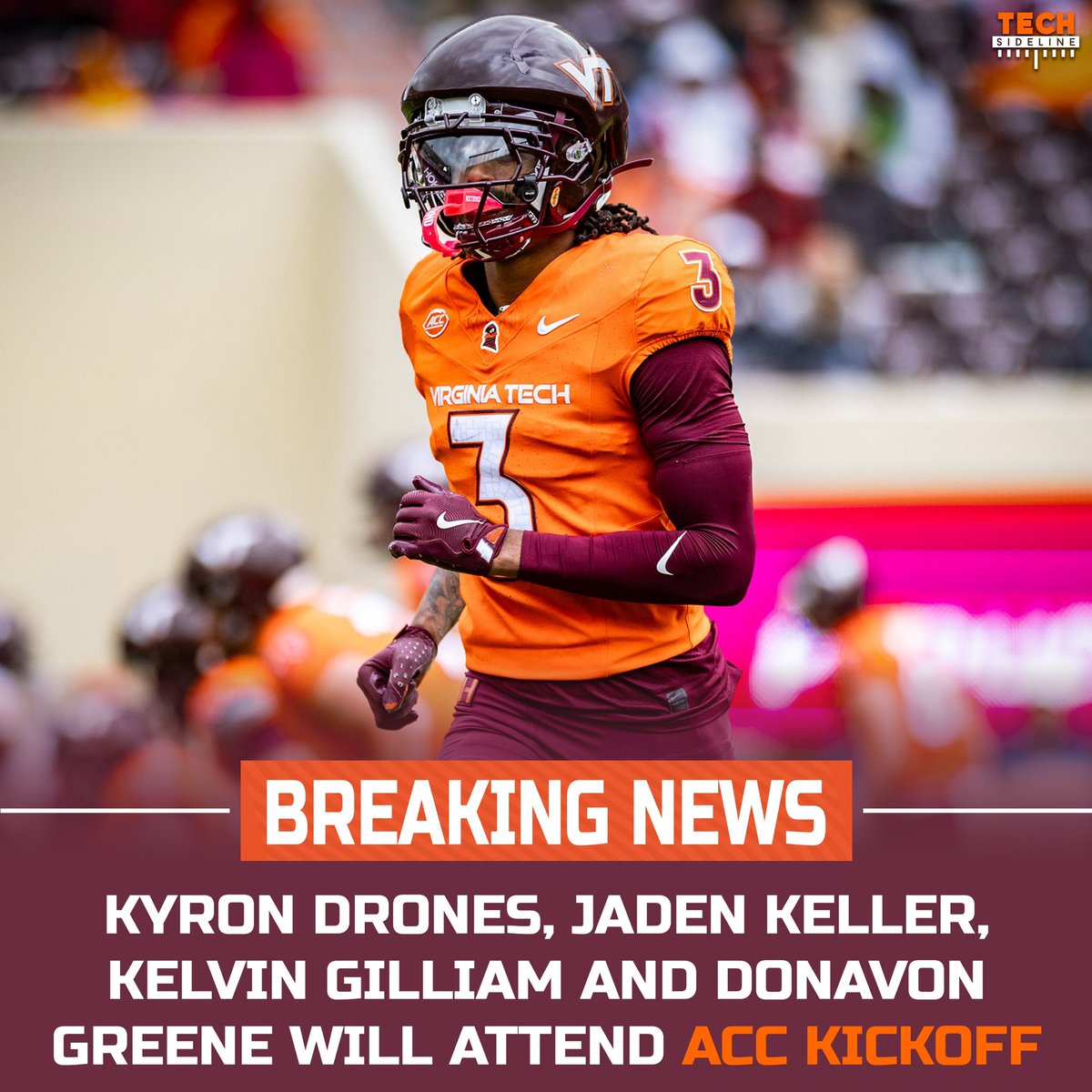 Tech Sideline (@techsideline) on Twitter photo BREAKING: Virginia Tech announces its attendees for the 2025 ACC Kickoff in Charlotte, N.C.
QB Kyron Drones
LB Jaden Keller
DT Kelvin Gilliam
WR Donavon Greene
#Hokies
📸- <a href="/ivanmorozov/">Ivan Morozov</a> BREAKING: Virginia Tech announces its attendees for the 2025 ACC Kickoff in Charlotte, N.C.
QB Kyron Drones
LB Jaden Keller
DT Kelvin Gilliam
WR Donavon Greene
#Hokies
📸- <a href="/ivanmorozov/">Ivan Morozov</a>
