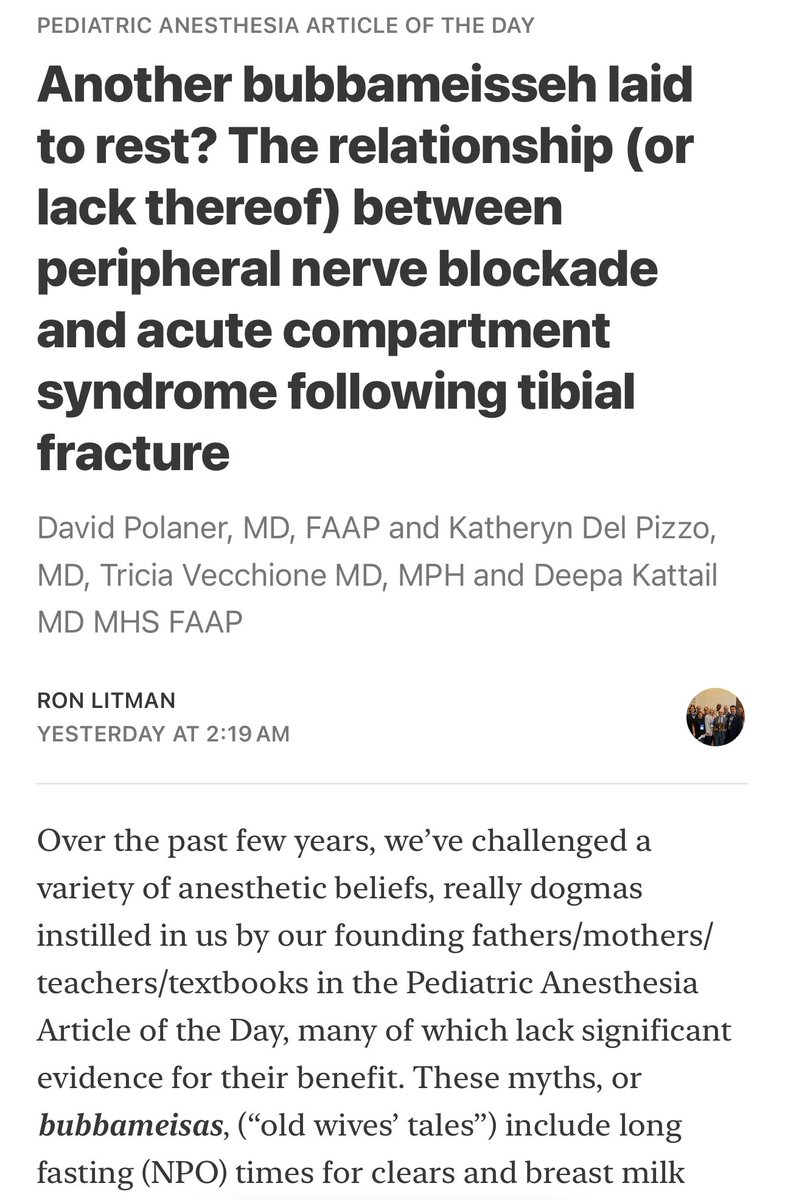 Pediatric Anesthesia Article of the Day 

Another bubbameisseh laid to rest? The relationship between #PNB and acute compartment syndrome following tibial fracture

Polaner, Del Pizzo, Vecchione, Kattail

open.substack.com/pub/ronlitman/…

#PedsAnes #PedsPain #PedsICU #MedEd #PAAD