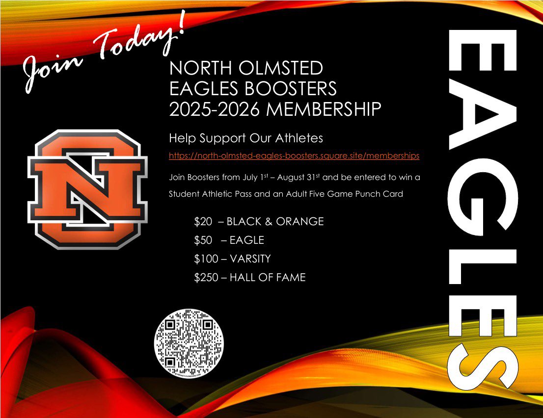 Eagles Boosters membership for 2025-2026 is now open. Anyone who joins from now till August 31st will be entered into a drawing to win a student pass and an adult punch card. You can click the link below or scan the QR code to complete your membership.

…h-olmsted-eagles-boosters.square.site/memberships