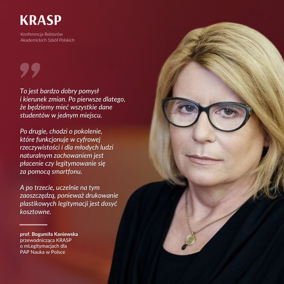 KRASP (@krasp_pl) on Twitter photo Od nowego roku akademickiego uczelnie będą wydawały #mLegitymacje studenckie w formie mobilnego dokumentu w aplikacji #mObywatel. 📲
Zmiany ocenia przewodnicząca #KRASP, prof. Bogumiła Kaniewska, w komentarzu dla <a href="/naukawpolsce/">Nauka w Polsce</a>: 🔗 bit.ly/pap-mlegitymac… Od nowego roku akademickiego uczelnie będą wydawały #mLegitymacje studenckie w formie mobilnego dokumentu w aplikacji #mObywatel. 📲
Zmiany ocenia przewodnicząca #KRASP, prof. Bogumiła Kaniewska, w komentarzu dla <a href="/naukawpolsce/">Nauka w Polsce</a>: 🔗 bit.ly/pap-mlegitymac…