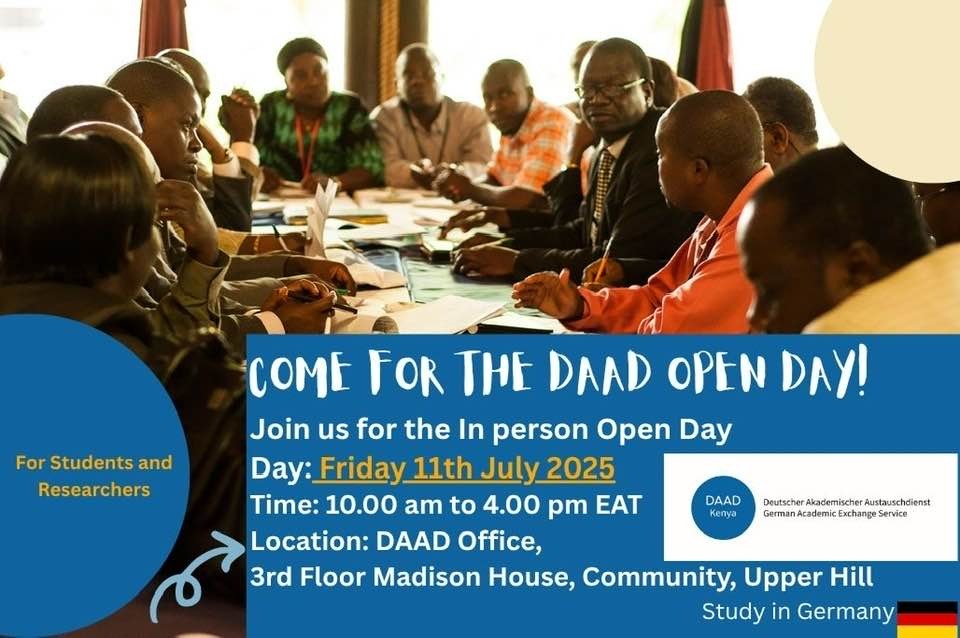 GermanyinKenya's tweet image. Thinking of a Master's or PhD in Germany? 🇩🇪✨
Meet the experts at the @DAAD_Kenya Open Day.
Get in-person advice about study opportunities, scholarships, and the application process.
🗓️ Date: 11/07/2025
📍 DAAD Regional Office, Nrb
✅ No registration required!
#StudyInGermany