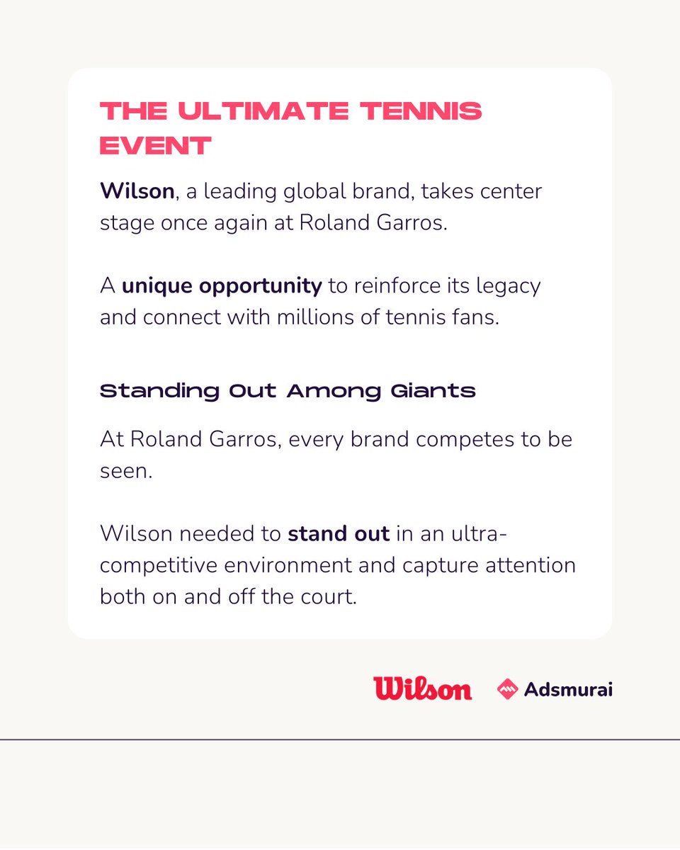 Adsmurai (@adsmurai) on Twitter photo 🚀 Case Study with <a href="/WilsonTennis/">Wilson Tennis</a>
Wilson shined at Roland Garros with a programmatic DOOH campaign that took the brand from the airport all the way to the stadium.
Discover the full case study on our website.
eu1.hubs.ly/H0lGCQT0
#CaseStudy #DOOH #RolandGarros #Wilson 🚀 Case Study with <a href="/WilsonTennis/">Wilson Tennis</a>
Wilson shined at Roland Garros with a programmatic DOOH campaign that took the brand from the airport all the way to the stadium.
Discover the full case study on our website.
eu1.hubs.ly/H0lGCQT0
#CaseStudy #DOOH #RolandGarros #Wilson