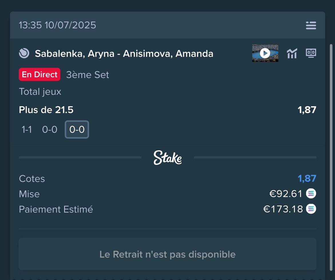 ✅ Pari validé en live : +21.5 jeux sur Sabalenka vs Anisimova (1.87)
🎾 Mise : 92,61€ | Gain : 173€
💸 Je file 5€ à mes affiliés — envoyez vos screens !