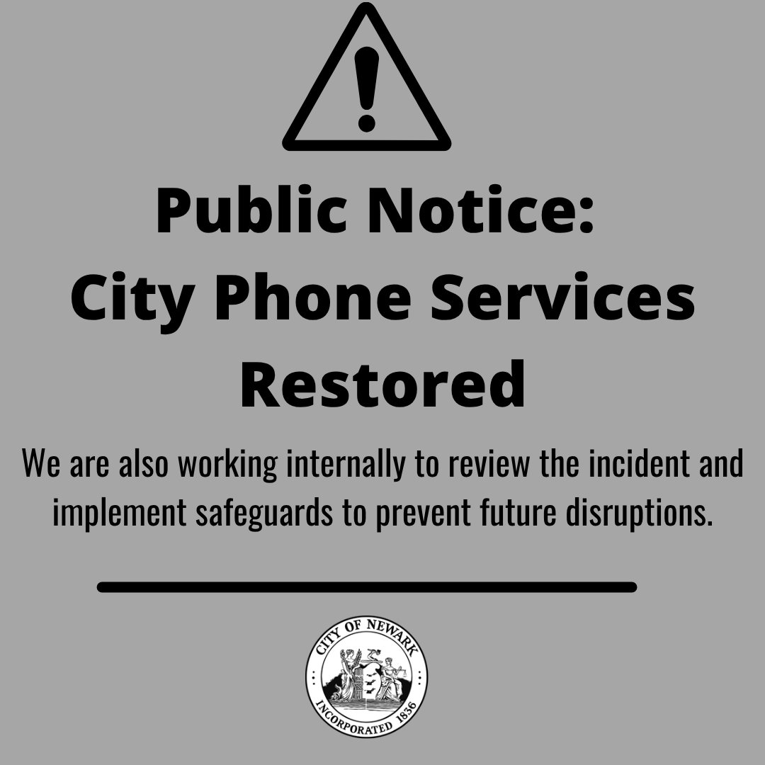 CityofNewarkNJ's tweet image. Public Notice: City Phone Services Restored ☎️
Pleased to report phone services are fully restored. We have verified internal and external lines—including non-emergency previously affected—are operational.
Still have issue? Contact temporary help:
citycomplaints@ci.newark.nj.us