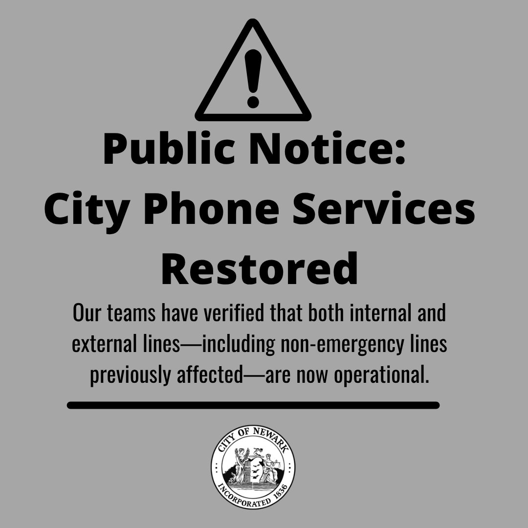 CityofNewarkNJ's tweet image. Public Notice: City Phone Services Restored ☎️
Pleased to report phone services are fully restored. We have verified internal and external lines—including non-emergency previously affected—are operational.
Still have issue? Contact temporary help:
citycomplaints@ci.newark.nj.us