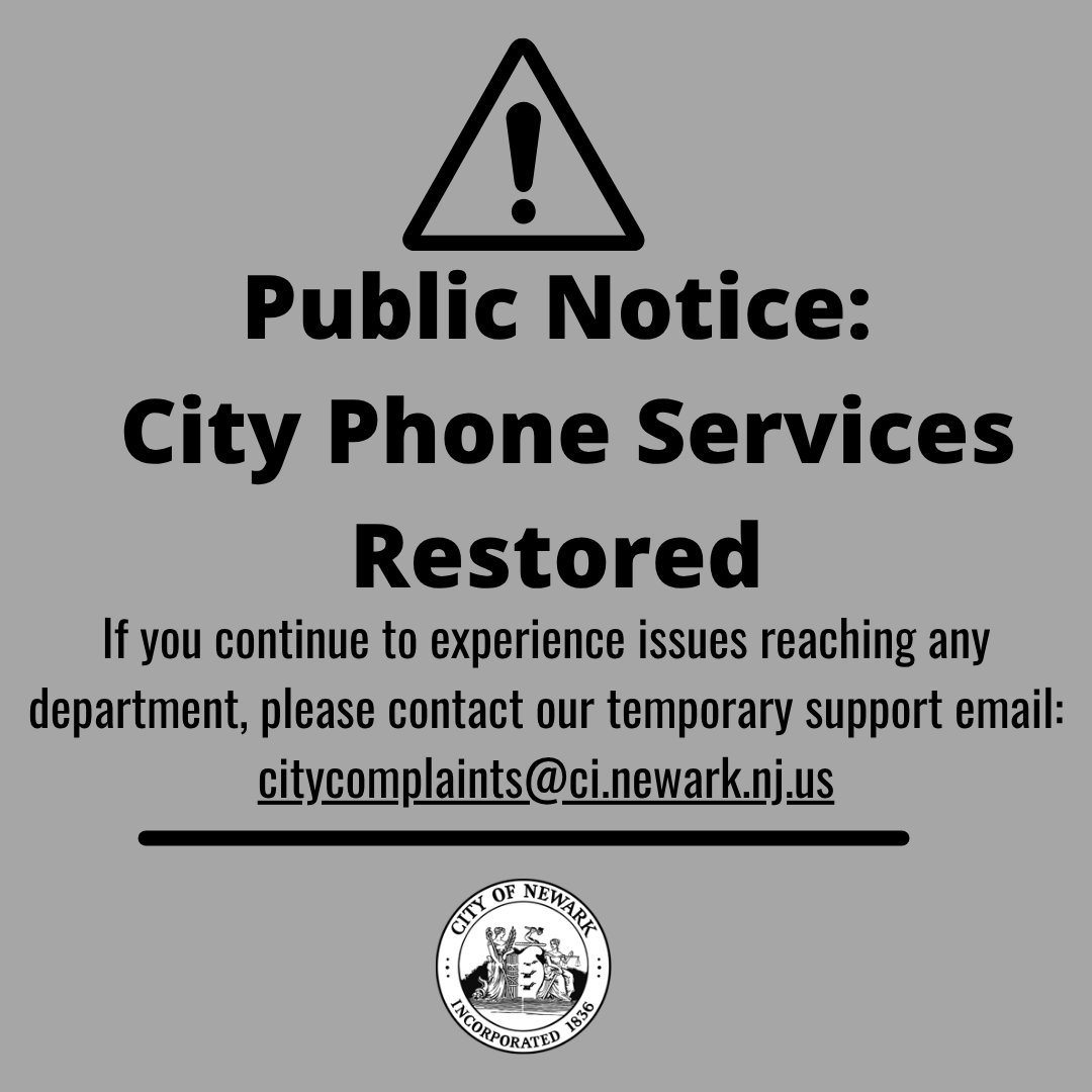 CityofNewarkNJ's tweet image. Public Notice: City Phone Services Restored ☎️
Pleased to report phone services are fully restored. We have verified internal and external lines—including non-emergency previously affected—are operational.
Still have issue? Contact temporary help:
citycomplaints@ci.newark.nj.us