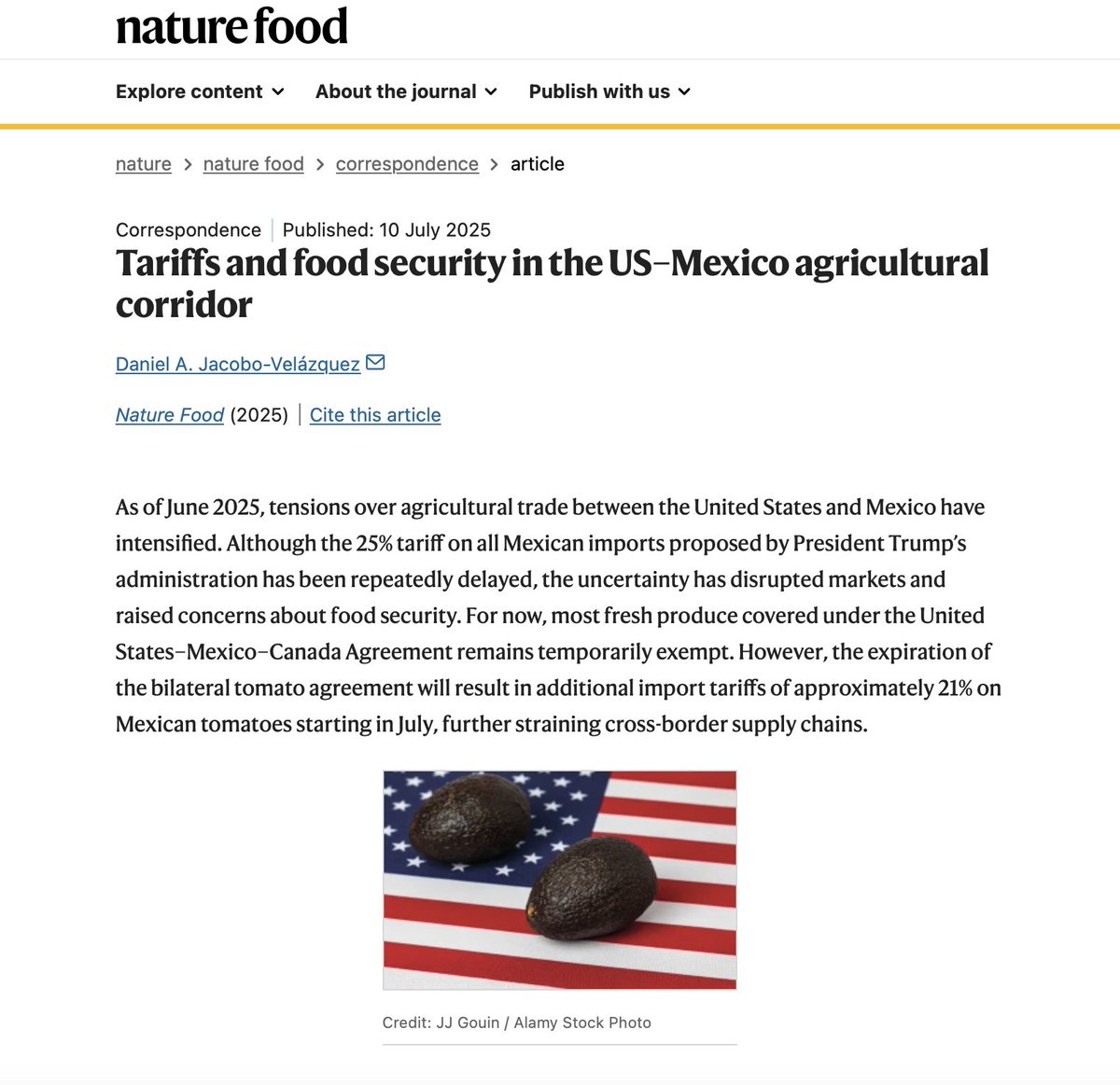 Hoy en Nature Food exploro un tema que toca la mesa de millones:

¿Qué pasa si los aranceles rompen la cadena agroalimentaria México–EE.UU.?

Impactos en precios, salud, medio ambiente y más.
🔗rdcu.be/evDBN

<a href="/NatureFoodJnl/">Nature Food</a> <a href="/IngenieriasTec/">Ingeniería y Ciencias Tec</a> <a href="/TecdeMonterrey/">Tecnológico de Monterrey</a> <a href="/TecScience_/">TecScience</a>