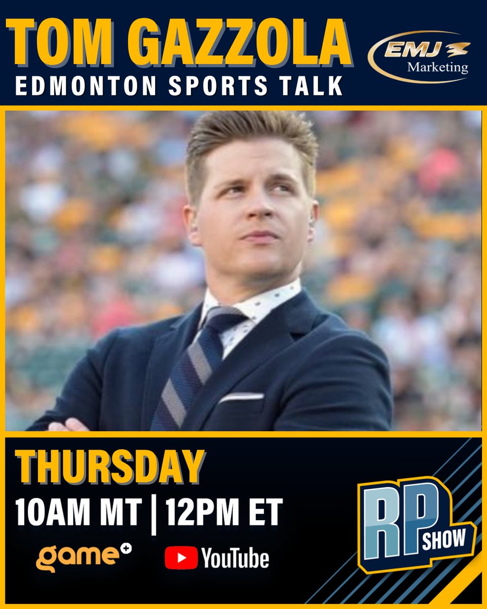 The Rod Pedersen Show (@rodpedersenshow) on Twitter photo ποΈ Today on The Rod Pedersen Show
Weβre joined by Tom Gazzola (<a href="/TomGazzola/">Tom Gazzola</a>) from Sports Talk Edmonton!
Talking all sports/Edmonton sports & more ππ₯
πΊ Watch LIVE at 10am CT on YouTube & <a href="/GamePlusNetwork/">Game+ Network</a>
π loom.ly/vnSeCAI
#RPShow #CFL #NHL #SportsTalk #TomGazzola ποΈ Today on The Rod Pedersen Show
Weβre joined by Tom Gazzola (<a href="/TomGazzola/">Tom Gazzola</a>) from Sports Talk Edmonton!
Talking all sports/Edmonton sports & more ππ₯
πΊ Watch LIVE at 10am CT on YouTube & <a href="/GamePlusNetwork/">Game+ Network</a>
π loom.ly/vnSeCAI
#RPShow #CFL #NHL #SportsTalk #TomGazzola