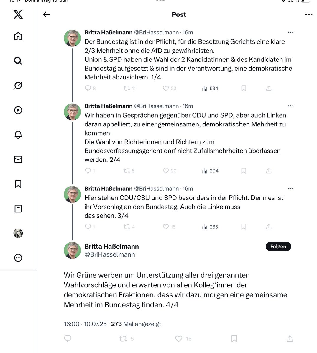Die Linke ist keine Partei der Mitte, und die Aktivistinnen, die in das BVerfGE sollen, fügen der Demokratie großen Schaden zu. Wer die Demokratie schützen will, stimmt geg. die radikalen Ränder. <a href="/BriHasselmann/">Britta Haßelmann</a> <a href="/GuntherKrichba3/">Gunther Krichbaum</a> <a href="/HagelManuel/">Manuel Hagel</a> <a href="/jensspahn/">Jens Spahn</a> <a href="/Hoffmann_MdB/">Alexander Hoffmann</a> <a href="/Markus_Soeder/">Markus Söder</a>