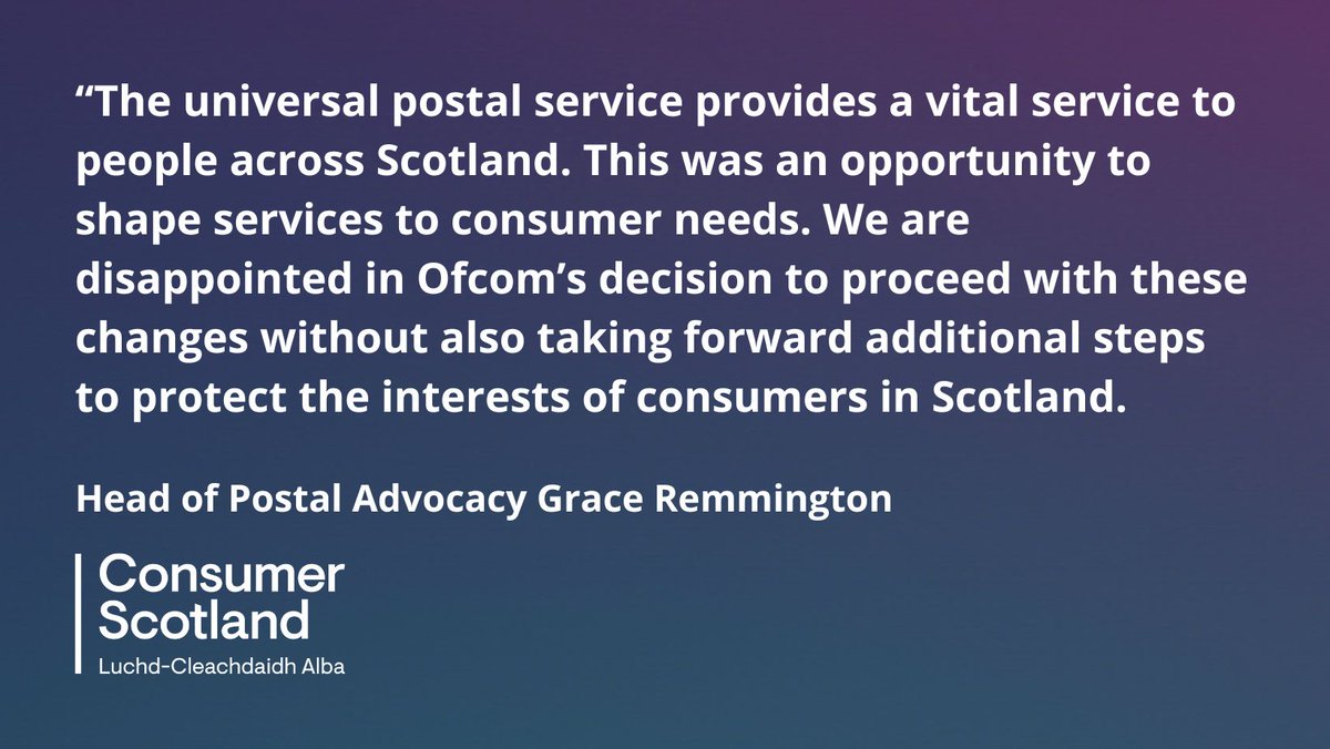 Consumer Scotland has published a statement on today's announcement by <a href="/Ofcom/">Ofcom</a> on reforms to the Universal Postal Service. 

Read more: bit.ly/44oXT0i