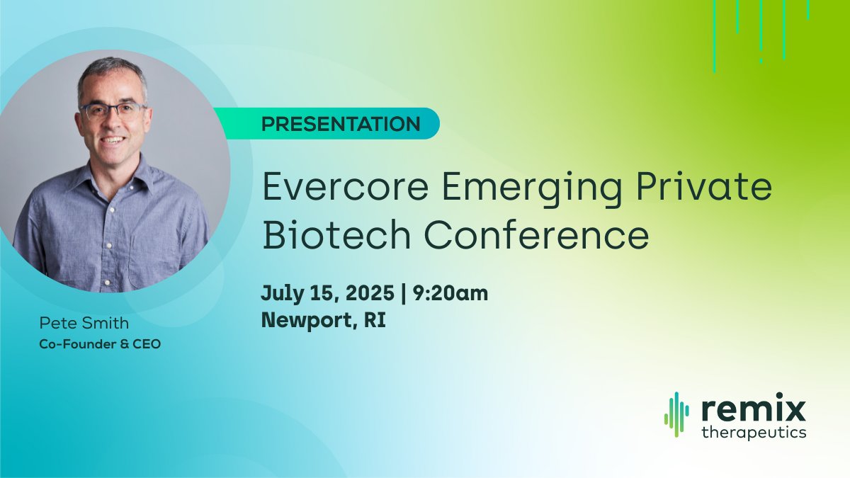 📣Next week, CEO, Pete Smith, will be presenting on an Oncology panel and part of a Q&amp;A session at Evercore’s emerging Private Biotech Conference. Looking forward to discussing Remix’s approach to tackling diseases by modulating RNA processing with small molecules. #Evercore