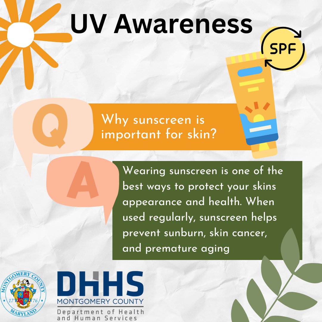 MoCoDHHS's tweet image. UV rays—whether it’s sunny or cloudy—can damage your skin in just 15 minutes, and overexposure is the #1 preventable cause of skin cancer
Quick Tips:
-Reapply Sunscreen throughout the day
-Check the UV Index Daily
-Protect your eyes with UV-blocking sunglasses
