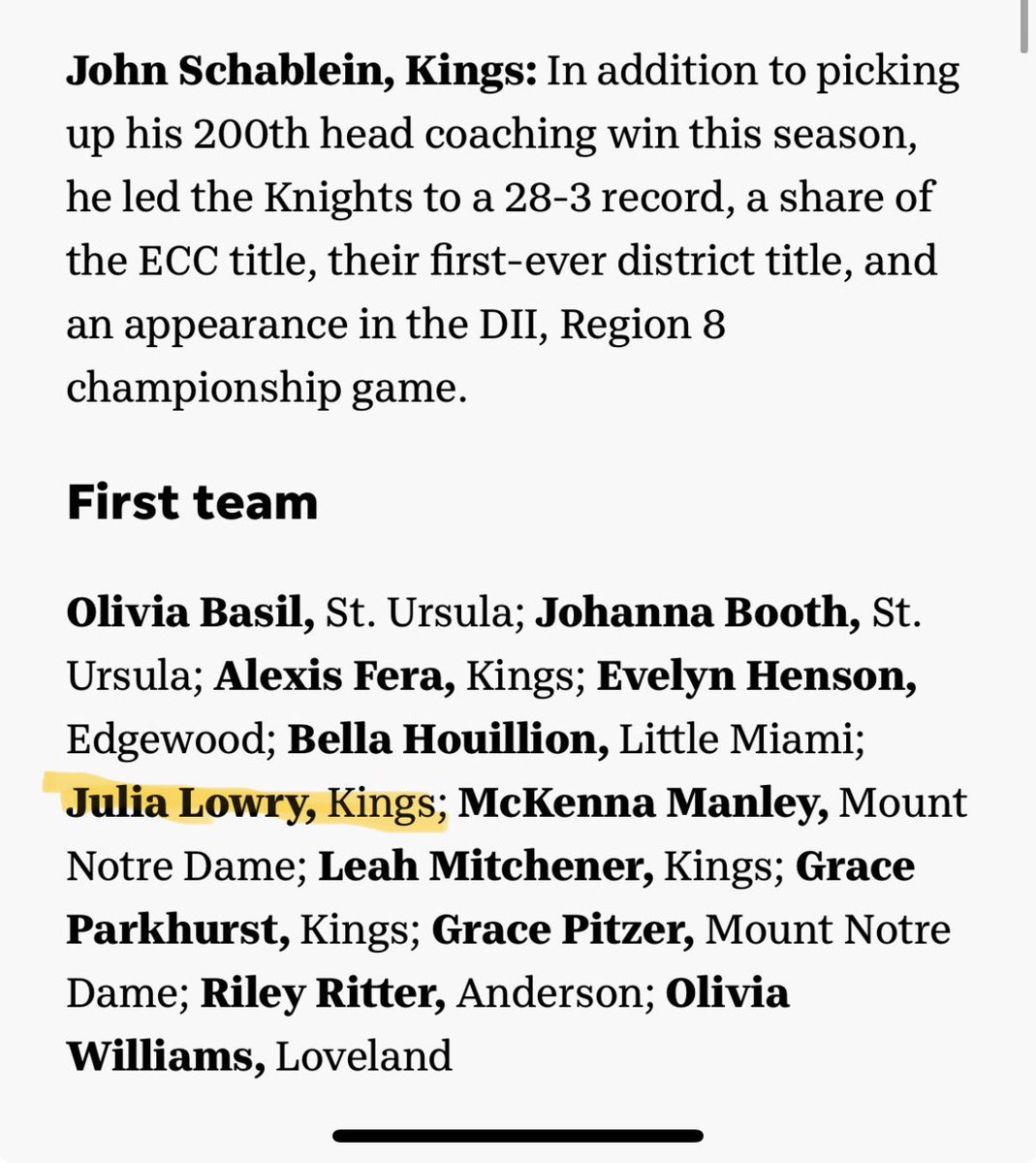Honored to be named First Team All City for D2 by the <a href="/Enquirer/">Enquirer</a>! Proud to see some of my <a href="/KingsSoftball/">KingsLadyKnights Sofball</a> teammates on the list as well!! 
<a href="/Paige_McMenemy/">Paige McMenemy</a> <a href="/CoachC_HC/">Cori Collinsworth</a> <a href="/addyjarvis/">Addy Jarvis</a> <a href="/_Jazmyne24/">Jazmyne Armendariz</a> <a href="/CoachJexx_RMU/">Coach Jexx</a>
