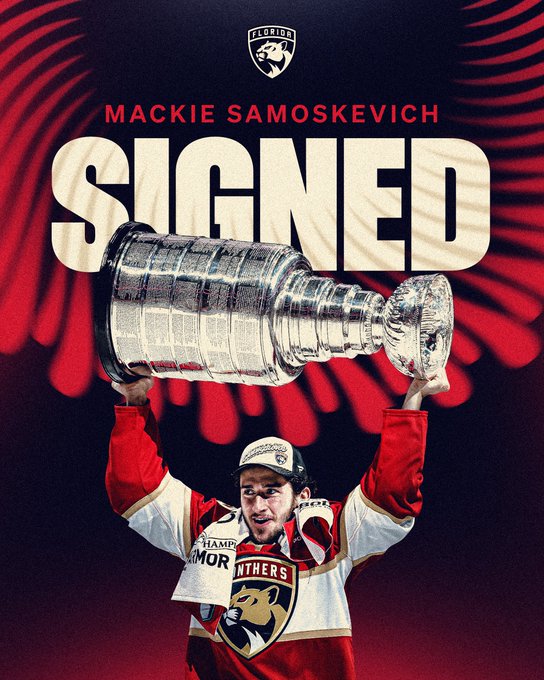 A navy to red gradient background featuring the swirls from the inside of the Stanley Cup. 

In the center is a cutout of Mackie Samoskevich lifting the Stanley Cup. 

At the top in red font: “Mackie Samoskevich” with a large beige “SIGNED” underneath. 