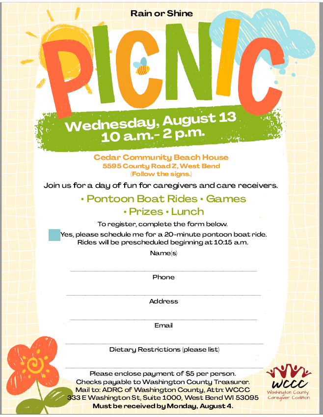WashCoWisco's tweet image. The Washington County Caregiver Coalition annual Care Partner Picnic is coming up soon! Whether you’re family or an unpaid friend caregiver, this event is a chance to unwind, connect, and be celebrated. #CaregiverCommunitySupport #CaregiverAppreciation