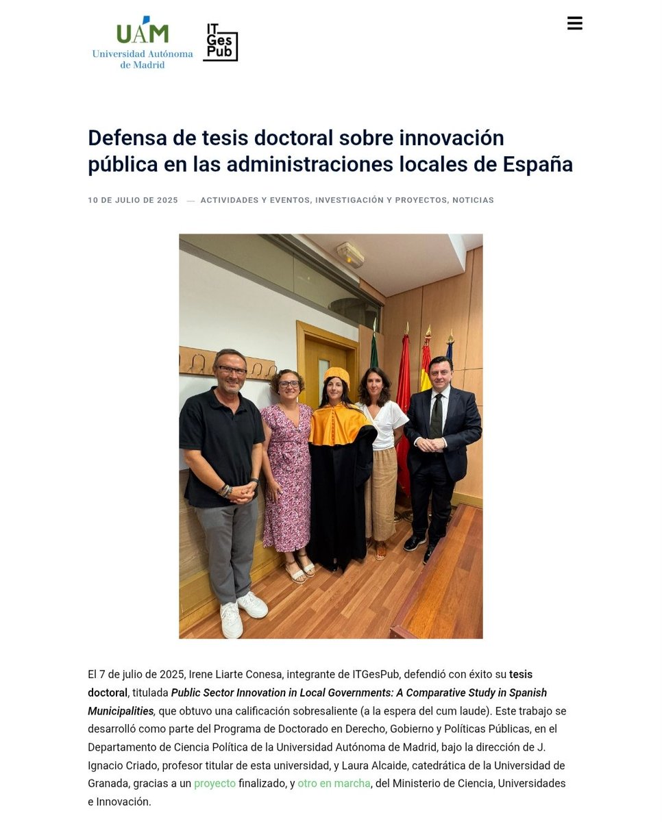 🚨 Hoy lanzamos en el #BlogITGesPub una noticia muy especial 📬

🎓 Nuestra compañera <a href="/irenelco/">Irene Liarte</a> ha puesto el broche de oro a su tesis doctoral sobre #innovaciónpública 💡 con una defensa y un tribunal inmejorables 🙋‍♂️ <a href="/FernandoJS63/">Fernando Jiménez Sánchez 🌻</a> <a href="/Esteve_Marc/">Marc Esteve</a>

👉 Enlace: itgespub.net/defensa-de-tes…