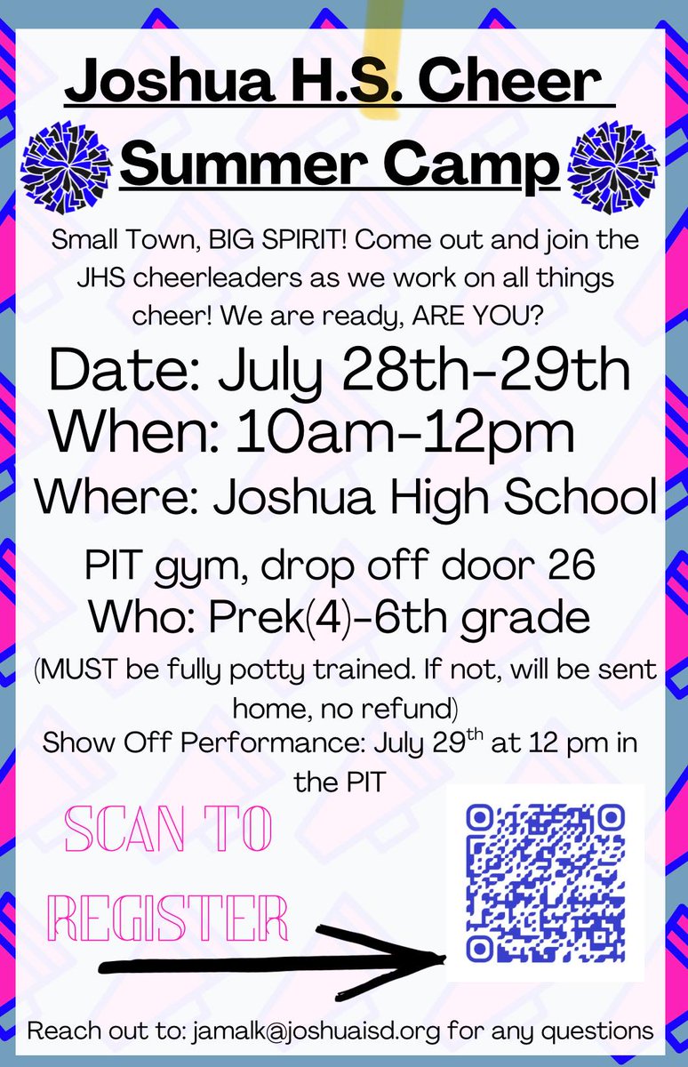 Joshua ISD (@joshuaisd) on Twitter photo The Joshua High School Cheerleaders are hosting a camp for Pre-K(4) to 6th graders on July 28 and 29! Participants will learn cheer fundamentals and then have a Show Off Performance!
Register: bit.ly/4ksTdv7
Questions? Contact Ki Jamal at jamalk@joshuaisd.org. The Joshua High School Cheerleaders are hosting a camp for Pre-K(4) to 6th graders on July 28 and 29! Participants will learn cheer fundamentals and then have a Show Off Performance!
Register: bit.ly/4ksTdv7
Questions? Contact Ki Jamal at jamalk@joshuaisd.org.