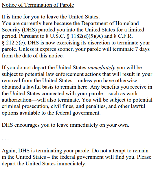 DHS terminated 1 million people's parole with no public notice, trying to turn them into illegal immigrants &amp; telling them "do not attempt to remain in the US," even though most of them had other applications pending to stay here. Utterly depraved and illegal actions.