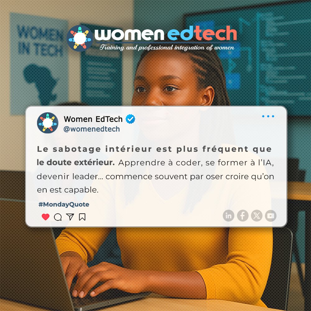 womenedtech's tweet image. Chez @womenedtech , on bâtit des certitudes, pas juste des CV.  

🎯 𝑇𝑎 𝑝𝑙𝑎𝑐𝑒 𝑒𝑠𝑡 𝑑𝑒𝑣𝑎𝑛𝑡, 𝑝𝑎𝑠 𝑎̀ 𝑙𝑎 𝑚𝑎𝑟𝑔𝑒.

#MondayQuote #TechAfricaine #WomenEdTech