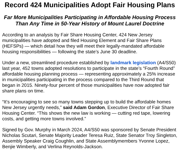 FairShareNJ's tweet image. Good news: 424 New Jersey municipalities filed plans to meet their affordable housing needs by the June 30 deadline.
Far more municipalities are participating in NJ's affordable housing process than ever before. Read our full press release to learn more: fairsharehousing.org/press-release/…
