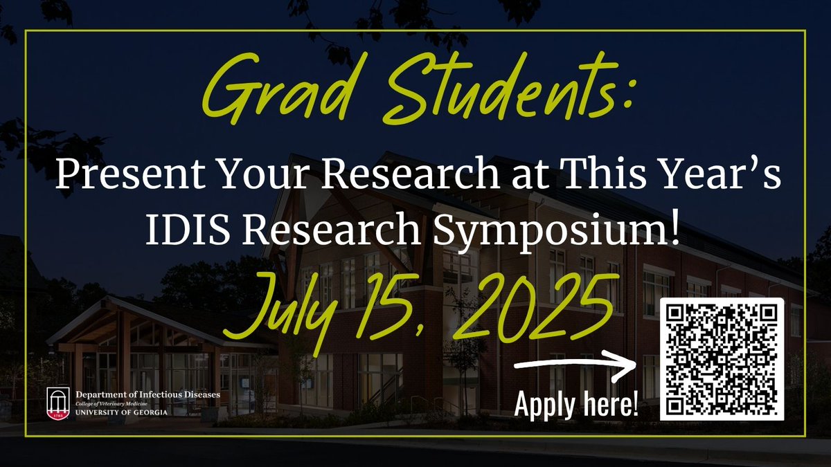 UGA_IDIS's tweet image. Grad Students, ready to showcase your research? Apply to present at the 2025 IDIS Research Symposium by July 15! Showcase your work and connect with faculty, peers, and others in the research community.
Scan the QR code or visit the link in bio to apply!
#UGAVetMed #UGAIDIS
