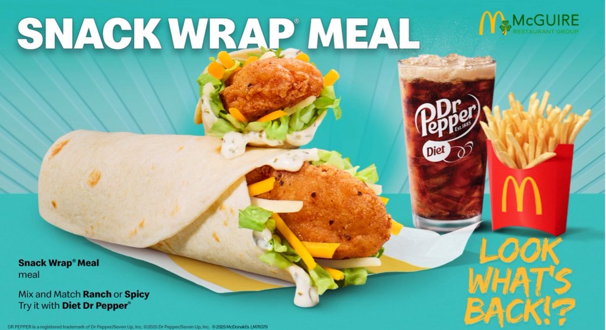 Snack wraps are back, available in ranch or spicy flavors, at all of our McDonald’s locations today!

#snackwraps #mcdonalds