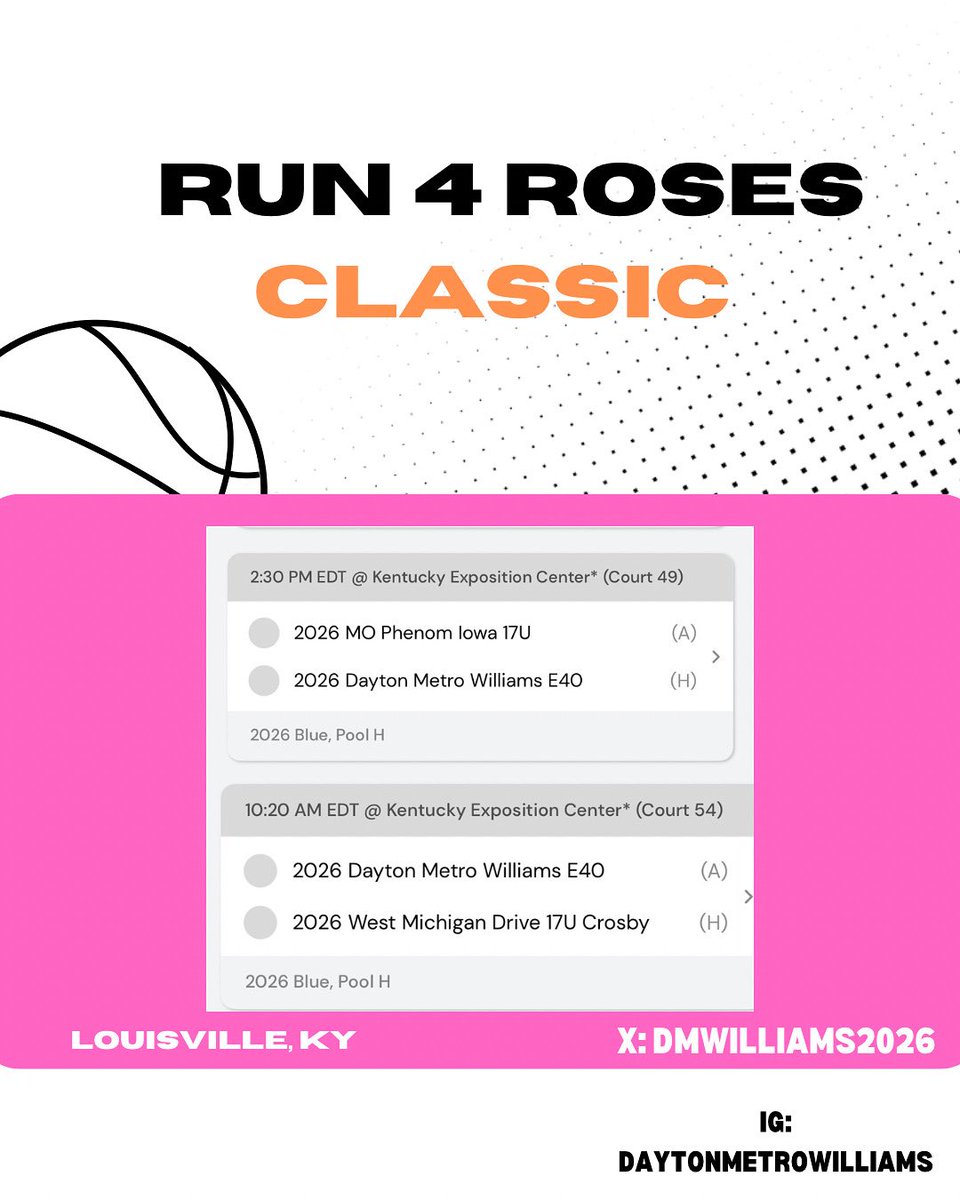 Dayton Metro Williams (@dmwilliams2026) on Twitter photo Weโre back! This time in Louisville. Come check us out!
Game 1 (today): 2:30pm, Court 49
Game 2 (tomorrow): 10:20am, Court 54
#daytonmetrobasketball
<a href="/Elite40League/">Elite 40 League</a> <a href="/DayMetroHoops/">Dayton Metro Hoops</a> Weโre back! This time in Louisville. Come check us out!
Game 1 (today): 2:30pm, Court 49
Game 2 (tomorrow): 10:20am, Court 54
#daytonmetrobasketball
<a href="/Elite40League/">Elite 40 League</a> <a href="/DayMetroHoops/">Dayton Metro Hoops</a>