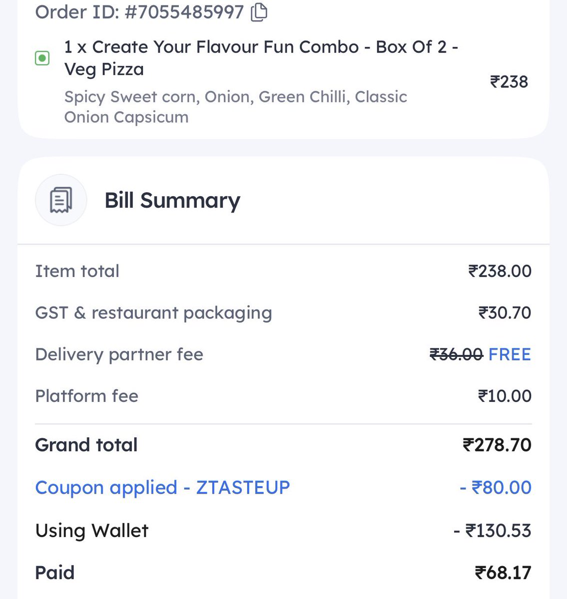 san_deepk's tweet photo. @zomatocare @zomato  I tried applying a coupon for order ID 7055485997, but it failed — and the order got placed without the coupon on its own. That’s not fair. Please refund the extra amount charged to compensate for this issue.
Revised order Id : 7050725336 https://t.co/Uu8LOU80Ef