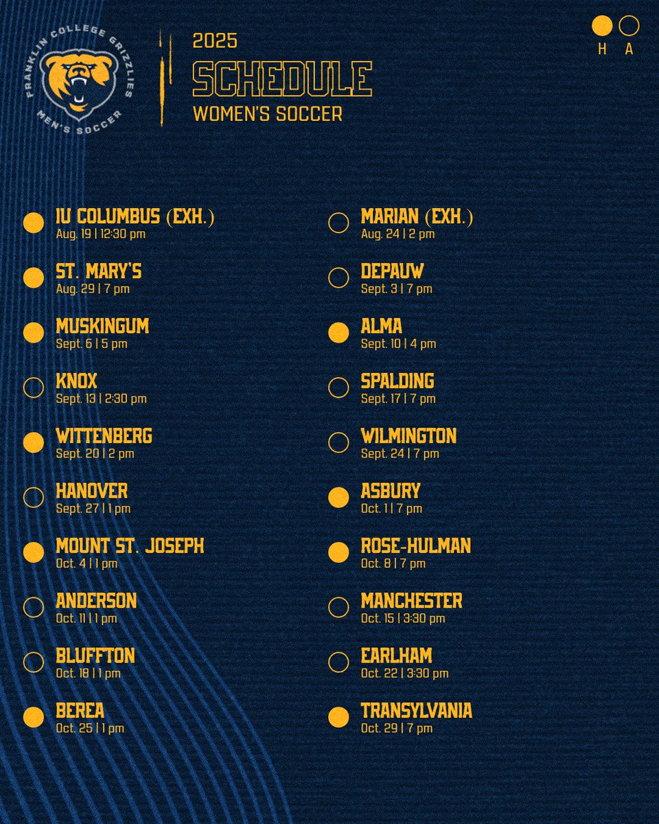 FCGrizAthletics's tweet image. The 2025 schedule for Franklin College women's soccer: