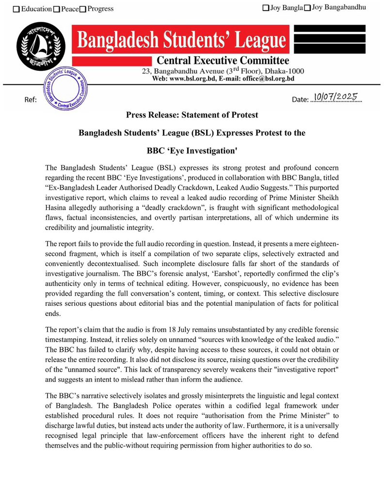 saddamhussainbd's tweet image. Bangladesh Students’ League (BSL) strongly protests the recent BBC ‘Eye Investigation’ report which irresponsibly distorts facts and undermines journalistic integrity by spreading selective, decontextualised, and unsubstantiated claims against Prime Minister Sheikh Hasina and the…