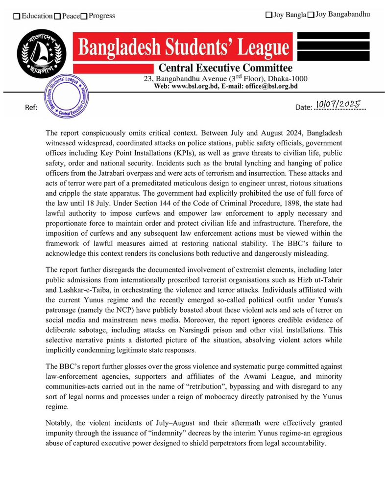 saddamhussainbd's tweet image. Bangladesh Students’ League (BSL) strongly protests the recent BBC ‘Eye Investigation’ report which irresponsibly distorts facts and undermines journalistic integrity by spreading selective, decontextualised, and unsubstantiated claims against Prime Minister Sheikh Hasina and the…